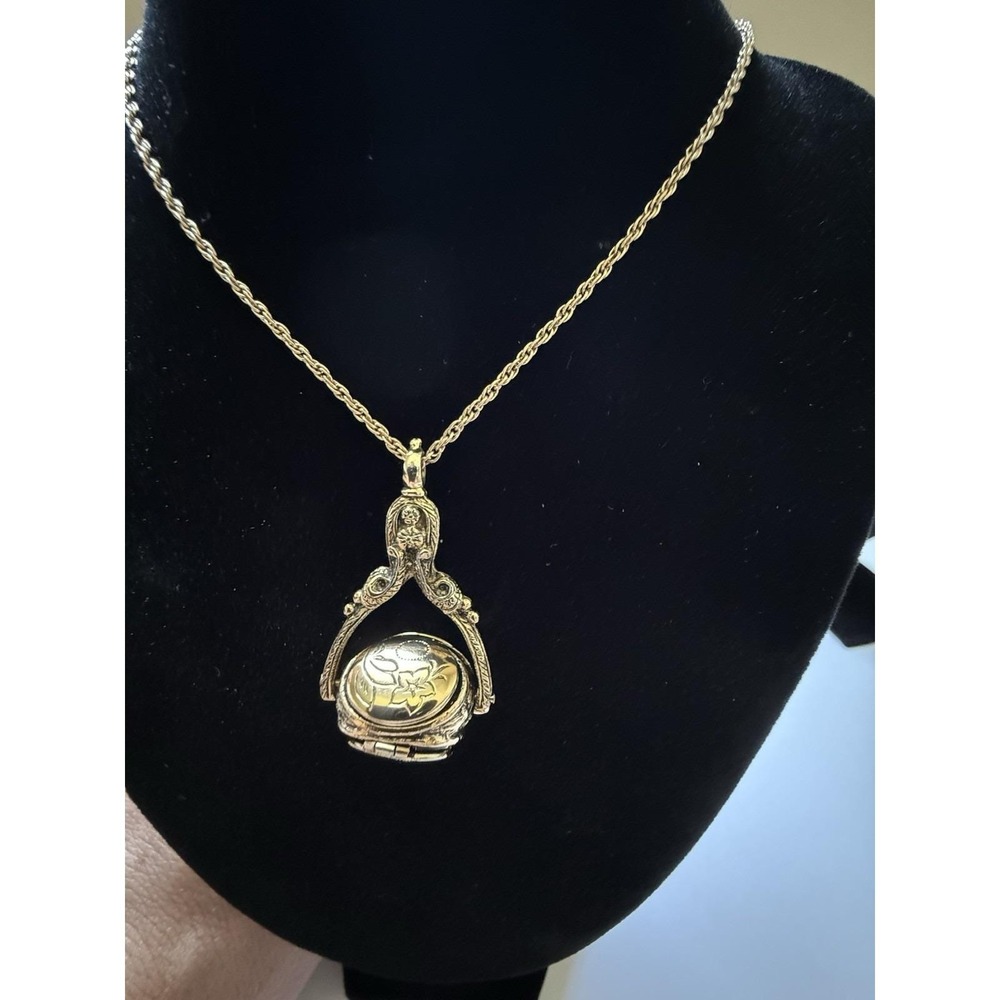 1928 Gold Tone Necklace with 3 Sided, Spinning Locket Pendant